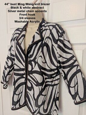 44" bust Ming Wang knit blazer, Black/white abstract, V neck, Collar, Chain trim
